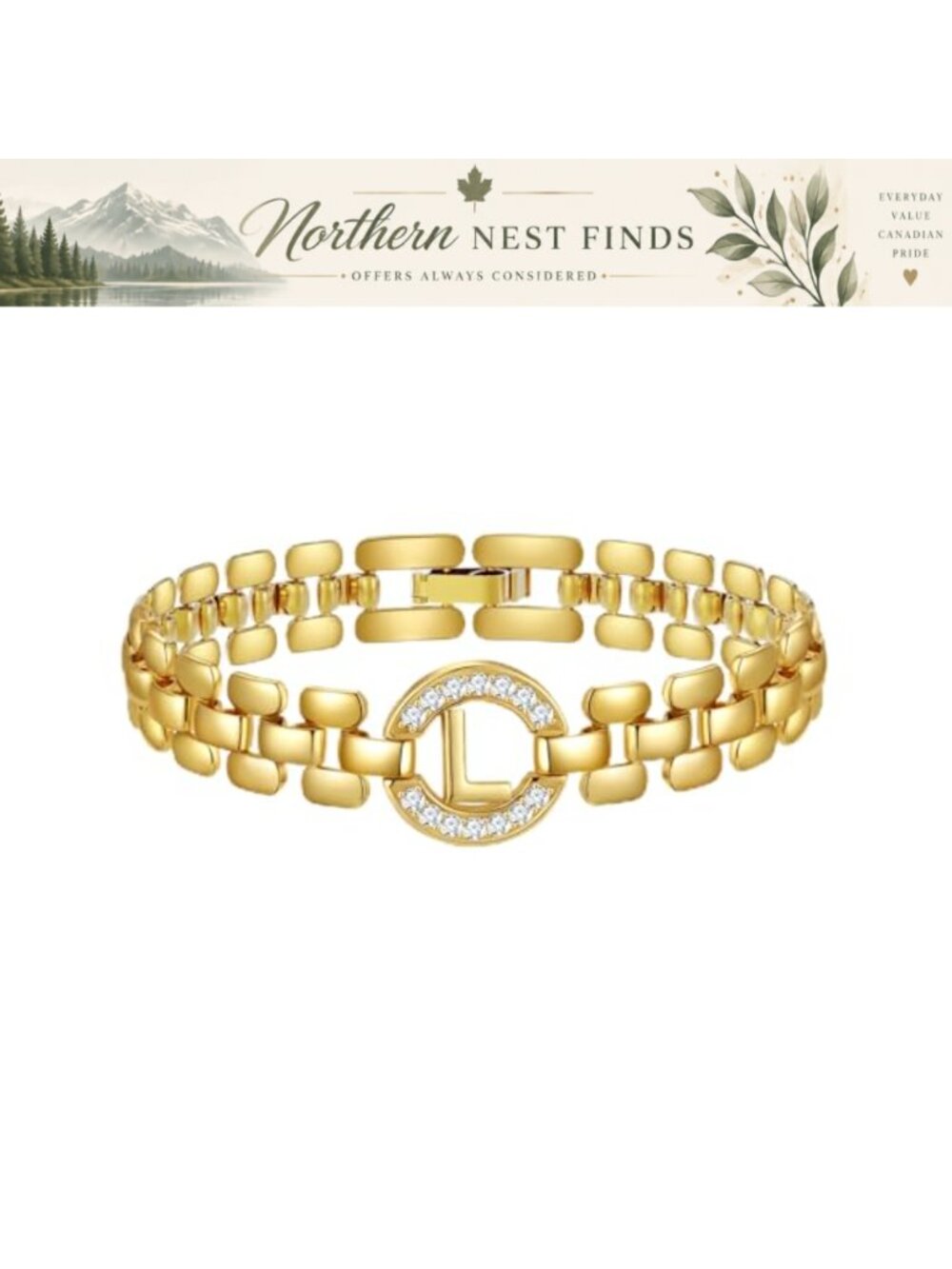 14K Gold Plated Initial Bracelet with Diamonds Thick Chain Letter Bracelet
